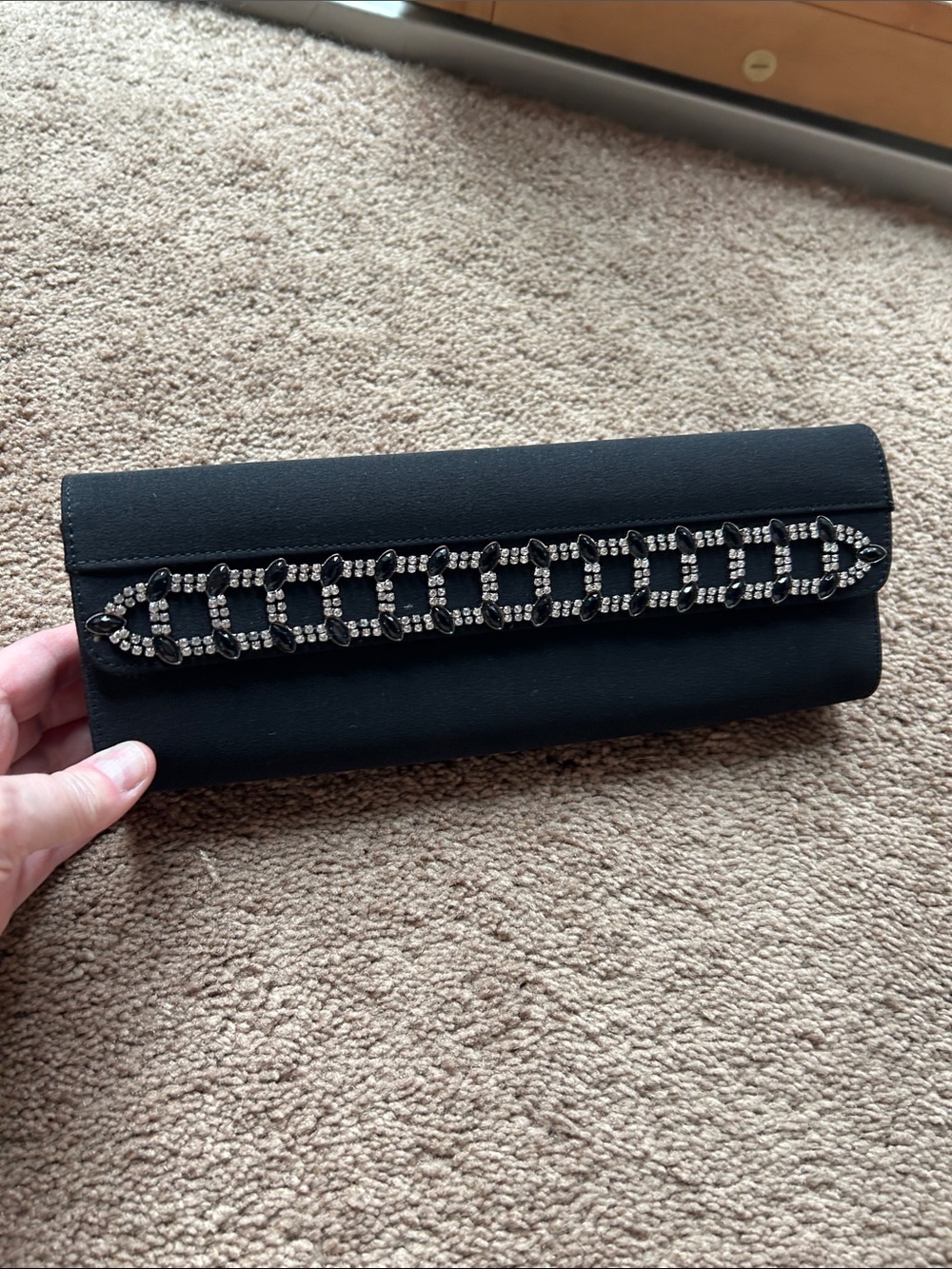 Stuart Weitzman Black Clutch with Rhinestone Chain Detail
